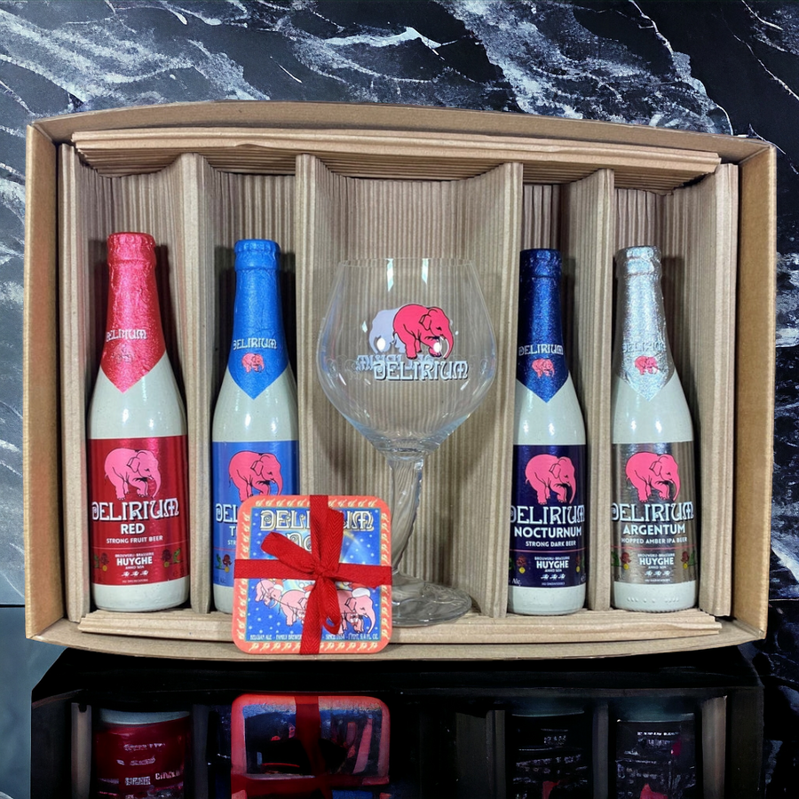 Caja Regalo Delirium + 4x 330cc + Copa Delirium Original 500cc + Posavasos - KINGZ.cl