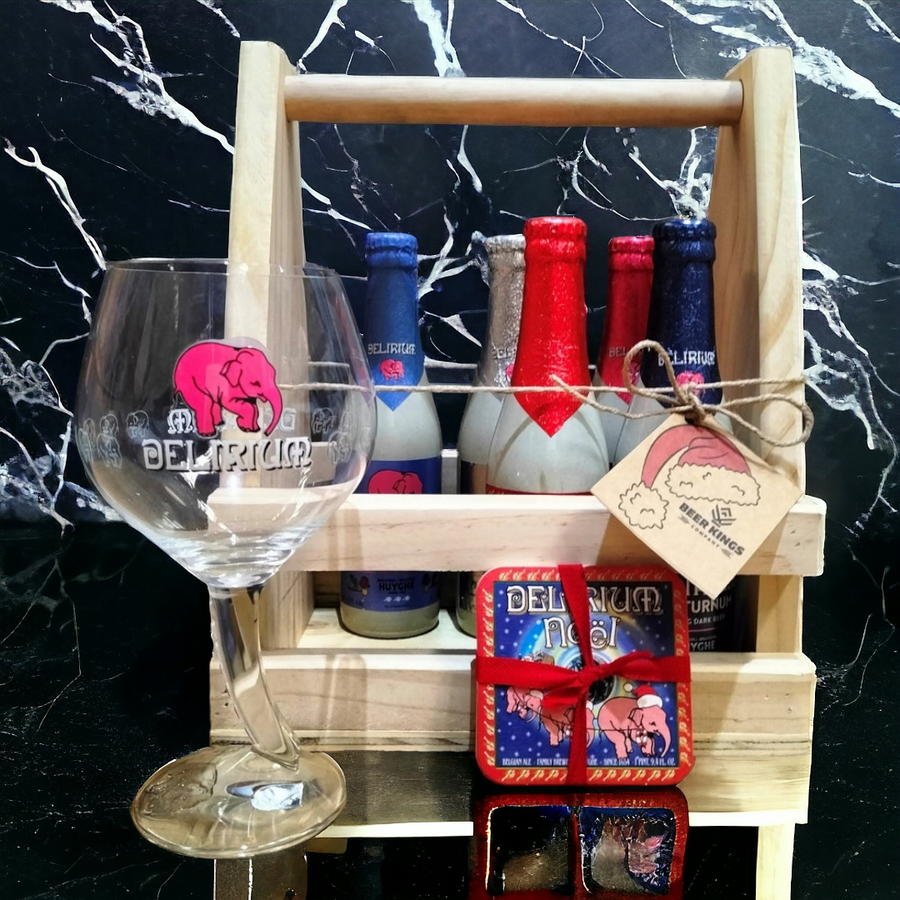 Regalo Caja Madera Delirium + 5x 330cc + Copa Delirium Original 500cc + Posavasos - KINGZ.cl