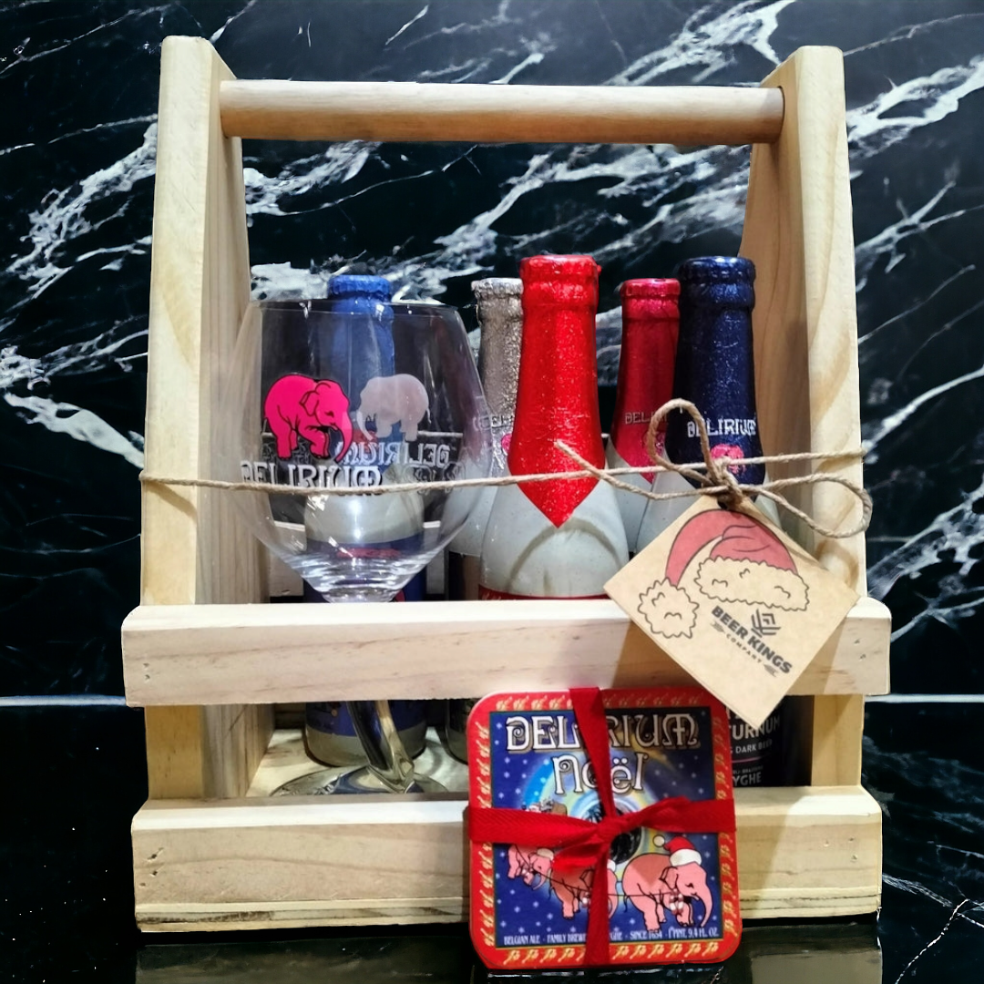 Regalo Caja Madera Delirium + 5x 330cc + Copa Delirium Original 500cc + Posavasos - KINGZ.cl