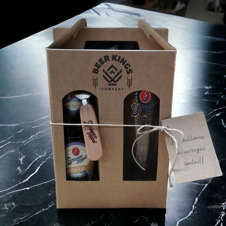 Caja Regalo Schlappeseppel + Garza 500cc + Weissbier 500cc + Posavasos + Abridor - KINGZ.cl