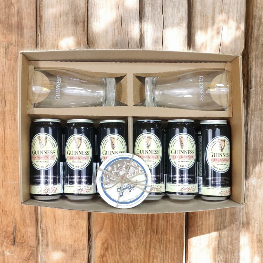 Caja Regalo Guinness Lover + 6x Extra Stout 473ml + 2x Pintas Guinness - KINGZ.cl