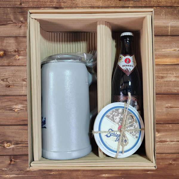 Caja Regalo Shopero Schlappeseppel Artesanal con Tapa Peltre 1L + Cerveza Dunkel