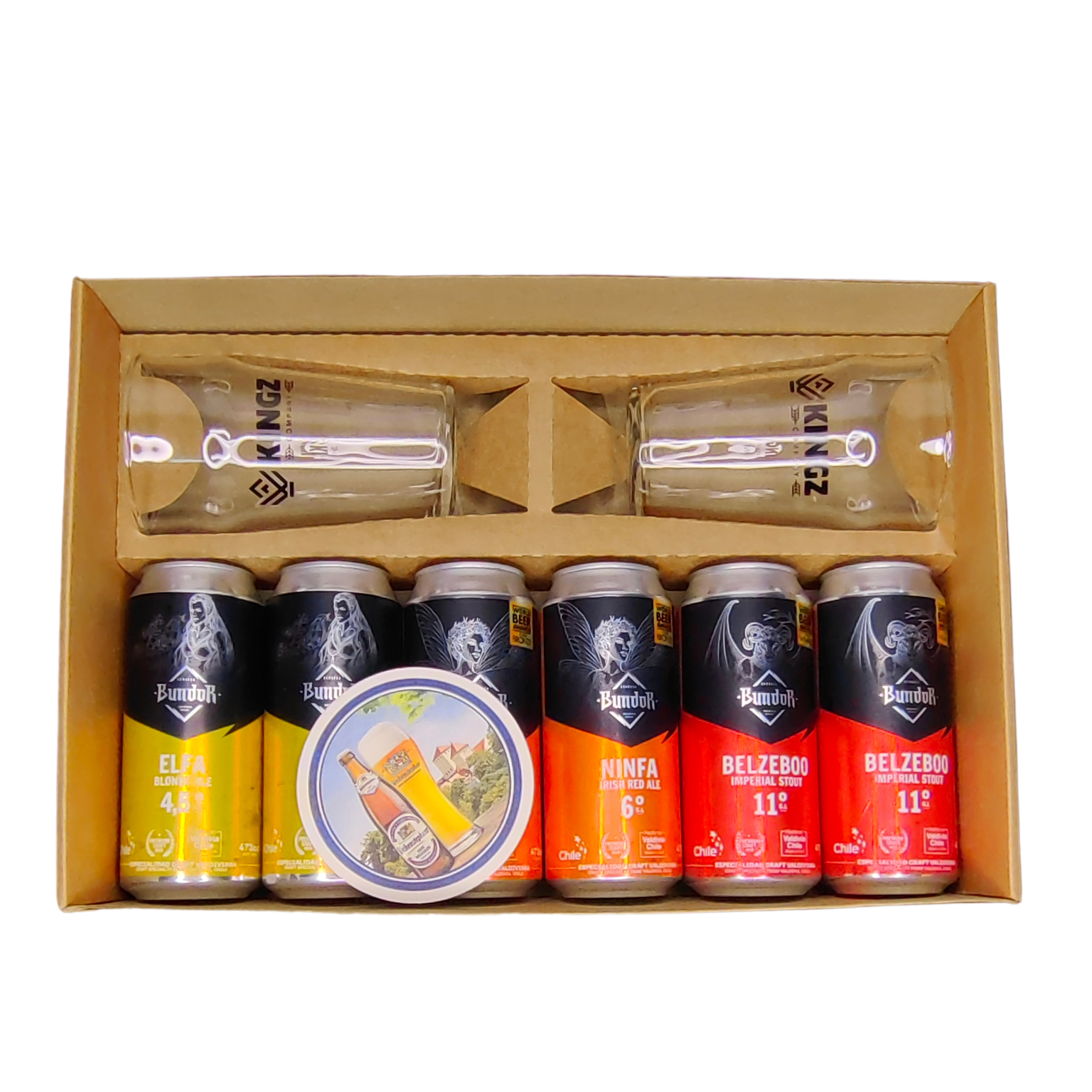 Caja de Regalo KINGZ Selección Bundor XL - (6 Latas + 2 Vasos)
