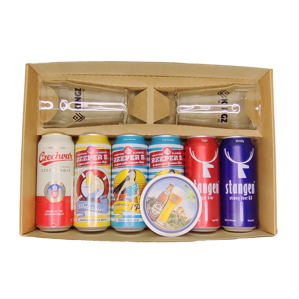 Caja de Regalo KINGZ Mix Cerveza Europea 500ml (6 Latas + 2 Vasos)