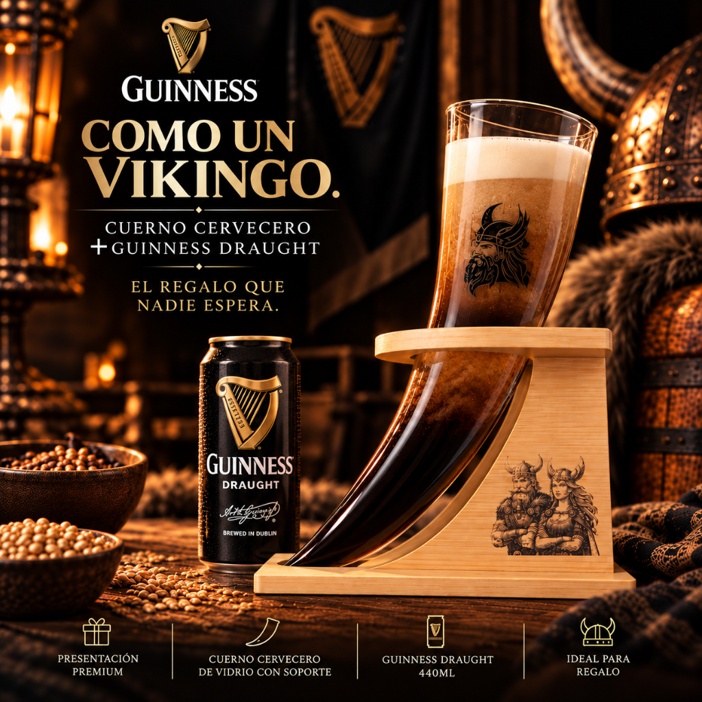 Caja de Regalo Experiencia Vikinga: Guinness Draught 440ml + Cuerno Cervecero