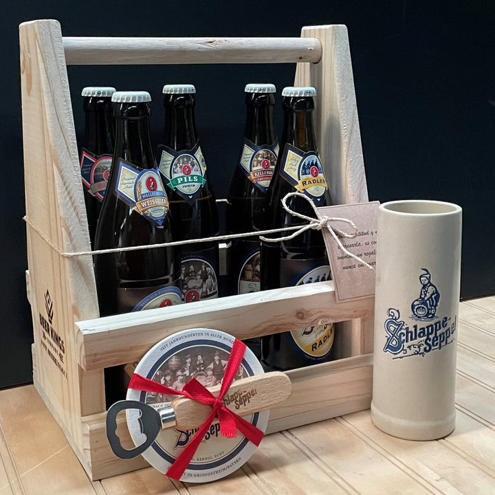 Caja Regalo Madera Schlappeseppel 5 Cervezas + Shopero Ceramica 330cc + Abridor y Posavasos - KINGZ.cl